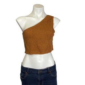 AAKAA One Shoulder Cropped Shirred Tank Top Linen Blend Brown NWT Large